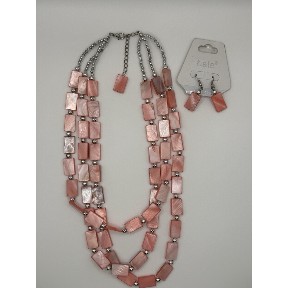 Bala Rectangular Pink Bead Necklace With Matching Dangle Earrings